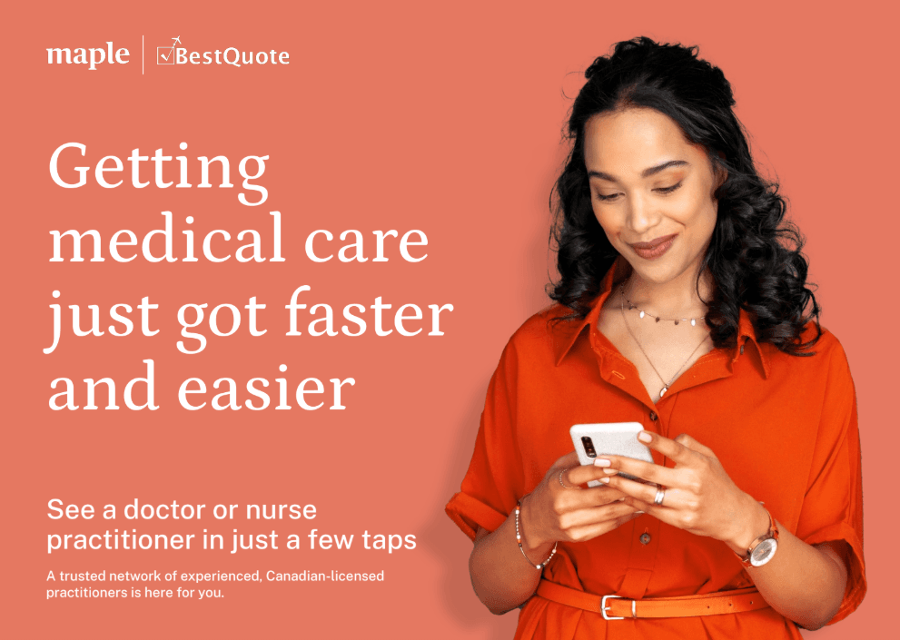 A woman smiling at her smartphone accessing the Maple virtual care platform, part of her BestQuote MEDEC Super Visa insurance policy