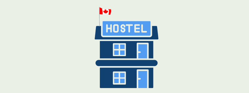 Illustration of a Canadian hostel with a “HOSTEL” sign and Canada flag—header image for our Best Hostels in Canada guide.