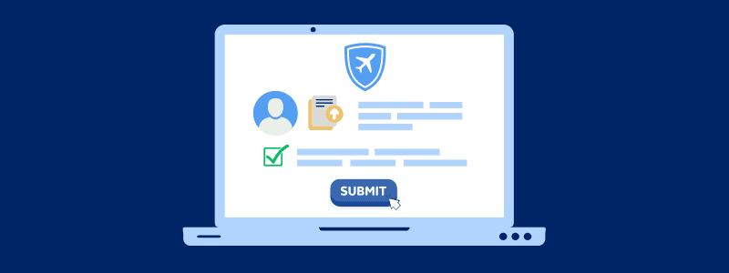 Open laptop with a travel insurance claim form on screen—how to file, required documents, and deadlines.