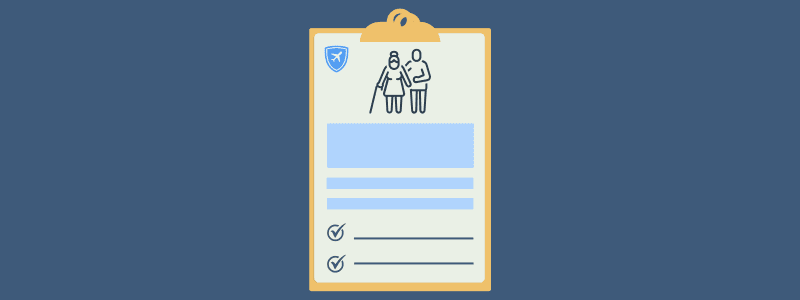 Illustration of a clipboard checklist with a caregiver and senior icon, representing medical insurance for caregivers in Canada.