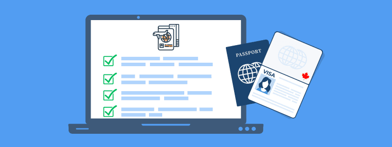 Laptop with a Super Visa application open beside a Canadian passport and Canada visa.