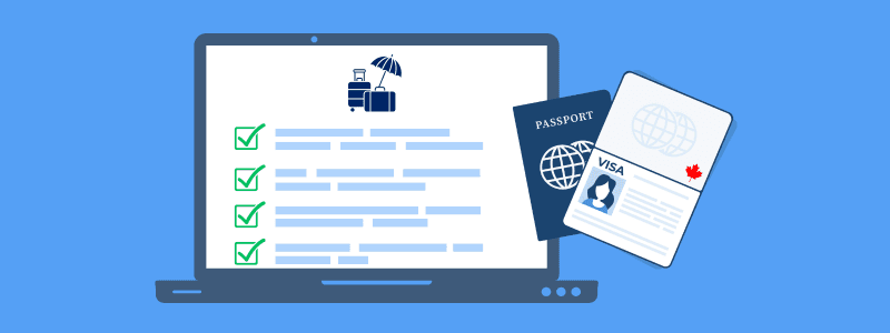 Laptop with a travel checklist on screen, next to a passport and a Canadian visa card with a maple leaf.