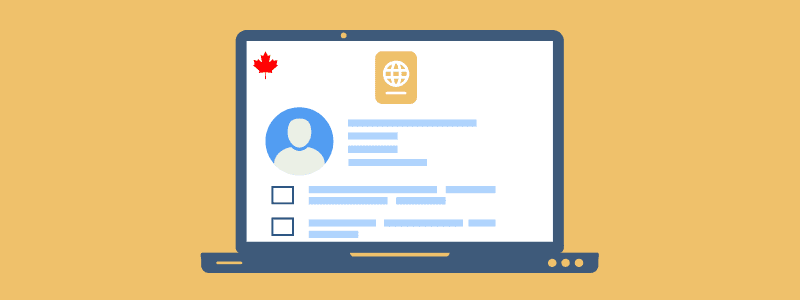 Laptop screen showing an online IEC Canada visa application with a profile, checklist items, and a passport icon, plus a red maple leaf.