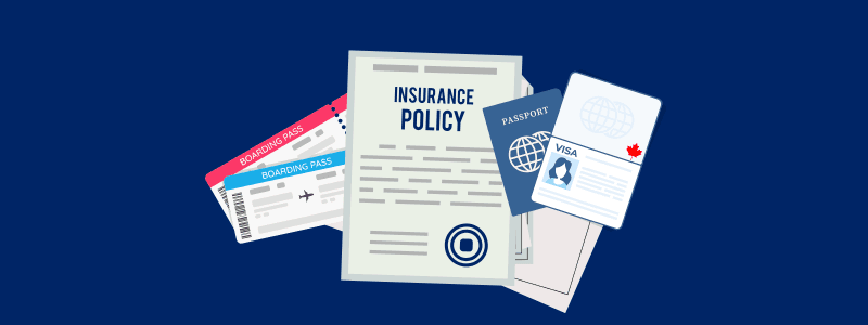 Passport, Canadian visa, boarding passes and an insurance policy laid out—illustrating the IEC documents you need on arrival in Canada.