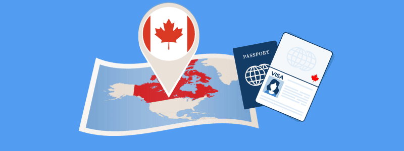 Large location pin on a map of Canada beside a passport and a Canadian visa.