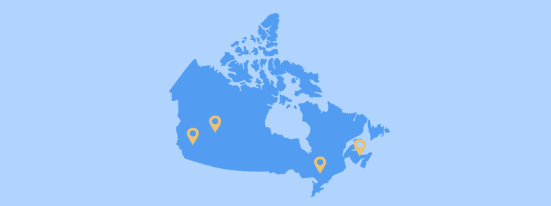 Map of Canada with four pins marking Newfoundland & Labrador, Québec City, British Columbia, and Calgary.