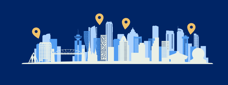 Vancouver skyline with four location pins marking recommended areas to stay.