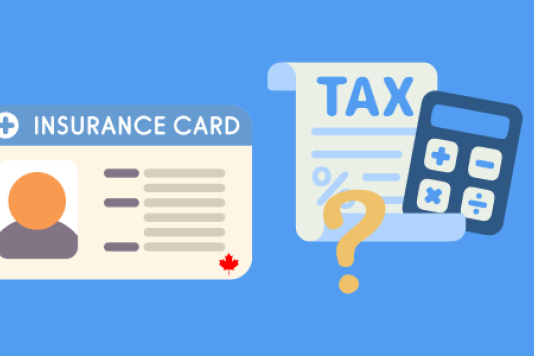 A Canadian provincial health card and a tax letter and calculator with a question mark.