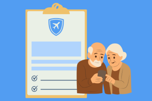 Two seniors using a mobile phone to purchase travel insurance from a broker